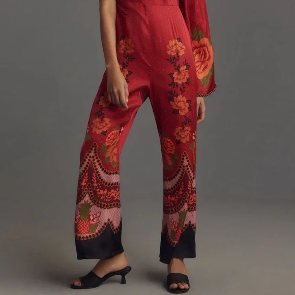 Anthropologie x Farm Rio One-Shoulder Printed Satin Rose Jumpsuit
